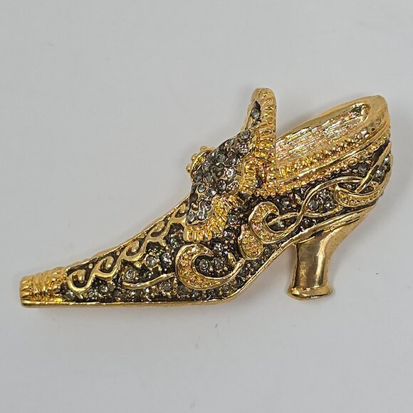 Vintage Gold Tone Rhinestone High Heel Shoe Brooch Baroque Victorian Slipper Pin - Picture 2 of 14